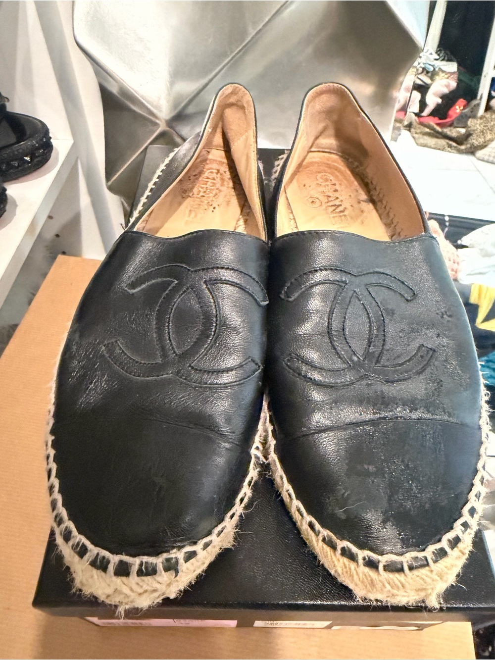 CHANEL Black Leather Espadrille Flats with CC Logo
